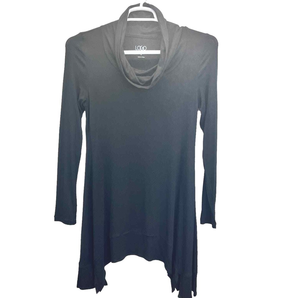LOGO Tunic Top Womens S Black Cowl Neck Sharkbite Hem Long Sleeve Jersey Stretch